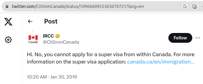 IRCC：申请超级签证需要申请人在加拿大境外