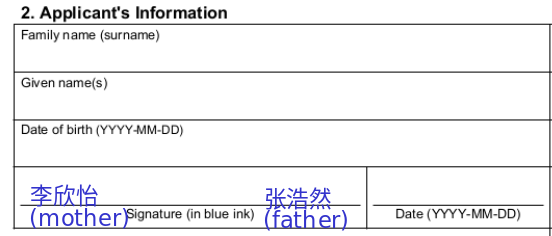 Example signature of parents for a child younger than 16 years old